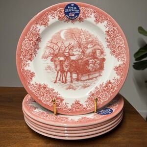6 x Royal Stafford Santa's Sleigh 8.5" Plates Salad Dessert Christmas Holiday